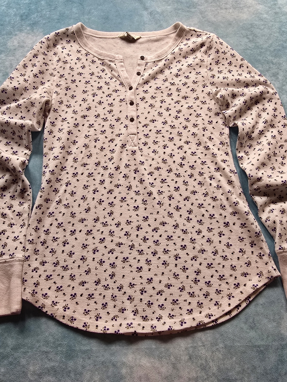 Lucky Brand Floral Waffle Knit Henley Long Sleeve Top Small